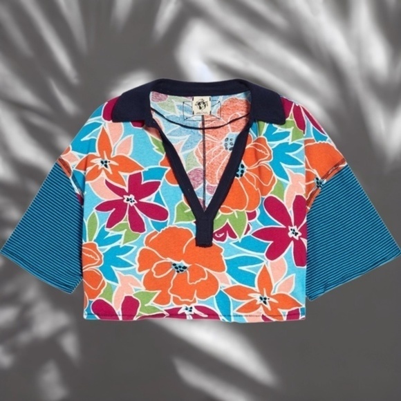 FREE PEOPLE Cotton on a Boat Colorblock V-Neck Boxy Cropped Cotton Polo Top NWT - Picture 4 of 14